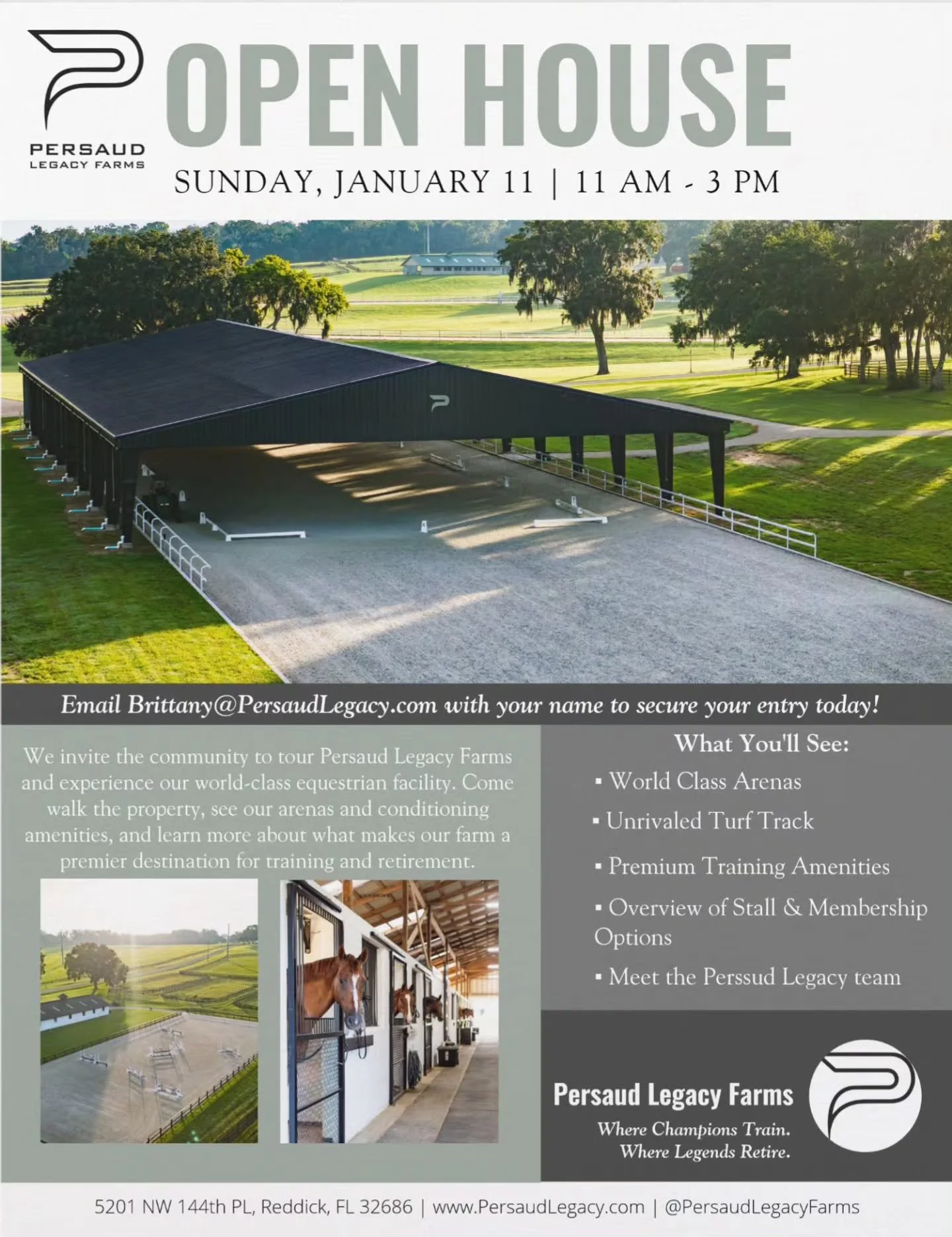 We&rsquo;re opening the gates ✨
Join us for an Open House at Persaud Legacy Farms.

📅 Saturday, January 11
⏰ 11:00 AM &ndash; 2:00 PM
📍 Reddick, Florida

Drop in anytime to tour the farm, explore our arenas and turf track, and learn more about trai
