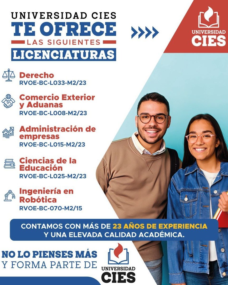 🎓 ¡Estudia una carrera con futuro en Universidad CIES!
Te ofrecemos formación académica de calidad y programas con validez oficial (RVOE).
📚 Elige entre nuestras licenciaturas:
✅ Derecho
✅ Comercio Exterior y Aduanas
✅ Adminis