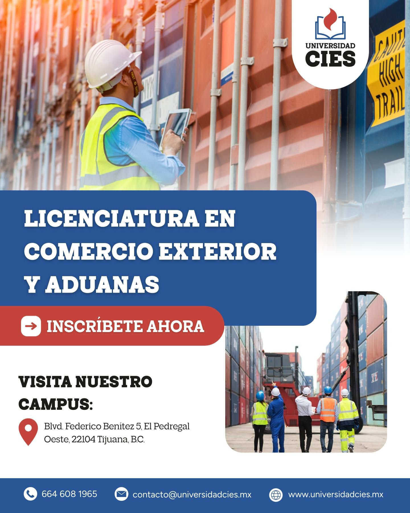 ¡Identifica y contribuye a las necesidades del país en el orden económico, político y social!
Universidad CIES te ofrece estudiar la Licenciatura en Comercio Exterior y Aduanas.
¡Tu futuro es hoy! No lo pienses m&