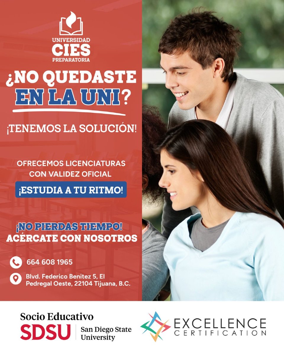 🎓 ¿No quedaste en la uni?
¡No pasa nada! En Universidad CIES te damos la oportunidad de estudiar una licenciatura con validez oficial, ¡sin examen y a tu ritmo!
✅ A 5 minutos del Estadio Caliente
✅ Clases flexibles
✅ Certificaci&
