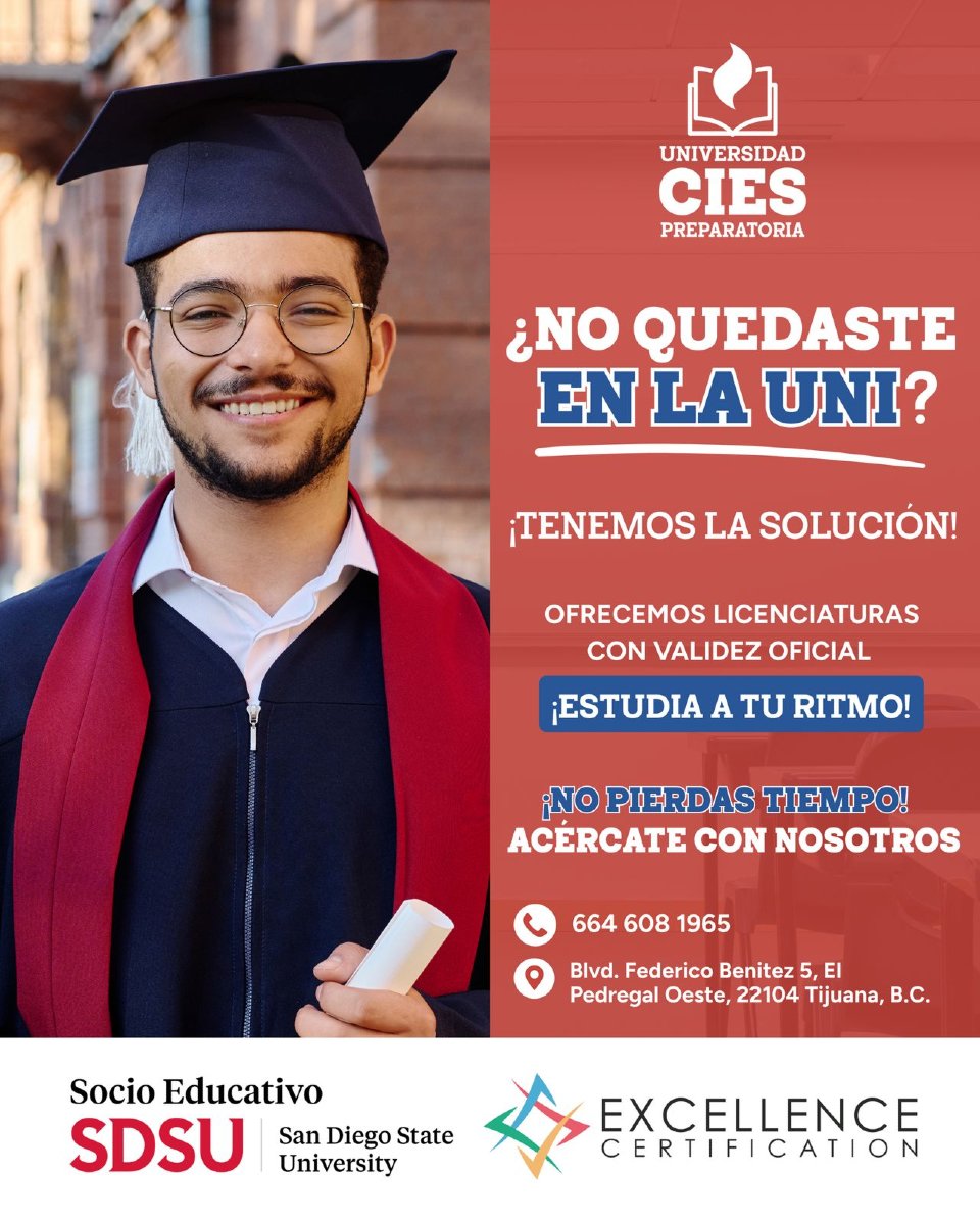 ¿Tú tampoco entraste a la uni?
¡Hazlo diferente con nosotros! En Universidad CIES no hay examen de admisión y puedes avanzar a tu ritmo.
✨ Estudia con tus amigos
📍 A solo 5 minutos del Estadio Caliente
🎓 Licenciaturas co