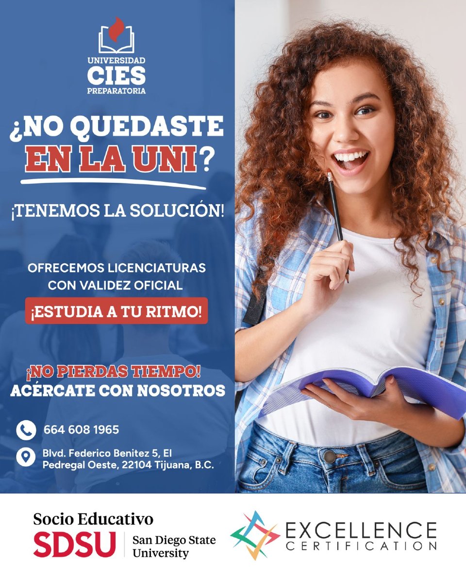 ¿Te quedaste con ganas de empezar la uni?
💥 ¡Esta es tu señal!
En Universidad CIES ofrecemos licenciaturas reales, con validez oficial, SIN EXAMEN y con horarios pensados para ti.
📌 Estamos a solo 5 minutos del Estadio Caliente