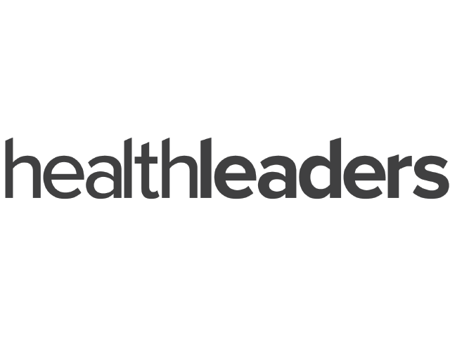 Healthleaders logo in gray on a black background.