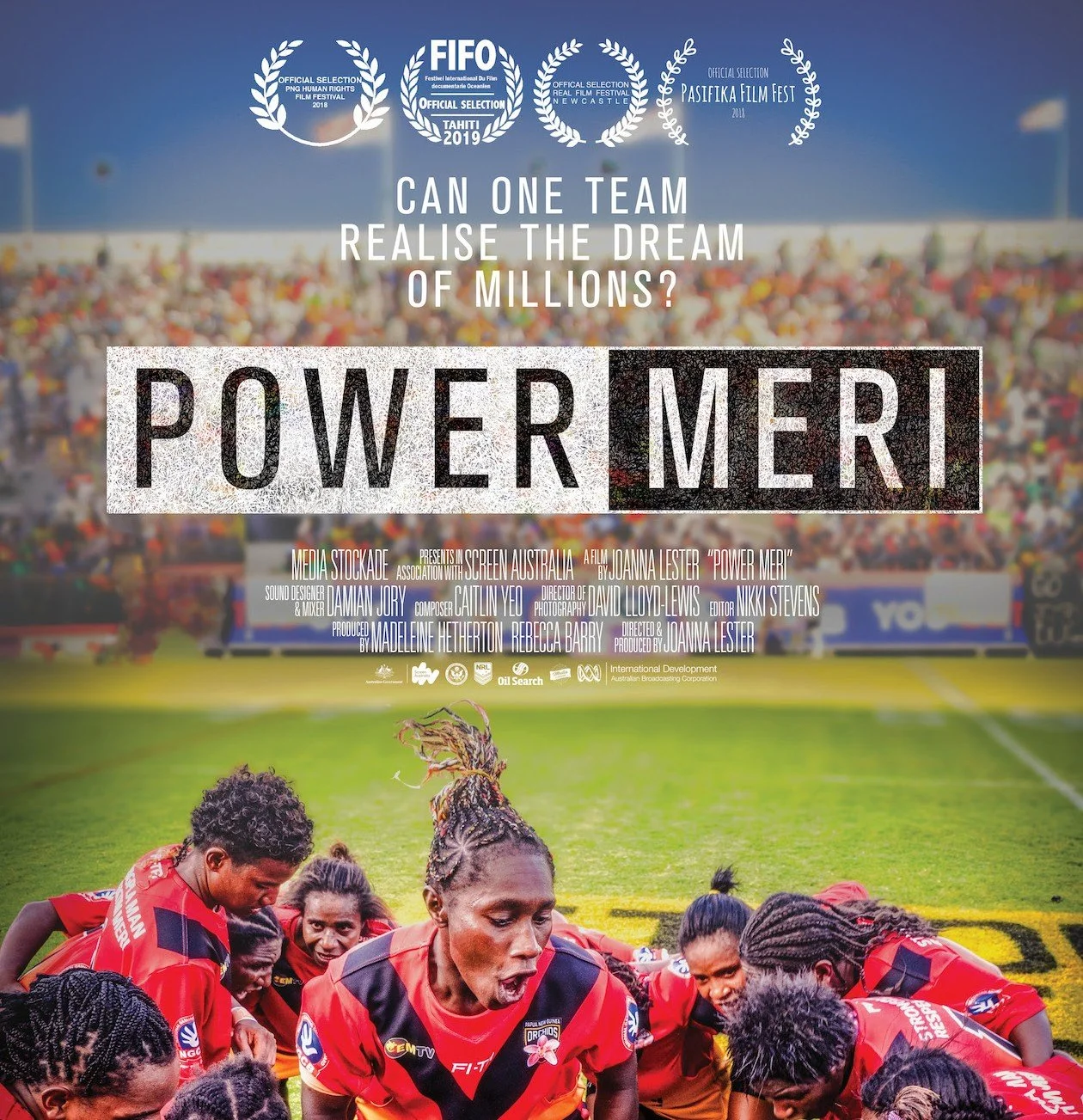 Poster for a film titled "Power Meri" showing a group of female athletes in red sports jerseys on a football field. The poster features multiple film festival selection laurels and the question "Can one team realize the dream of millions?" over a blurred background of a stadium filled with spectators.