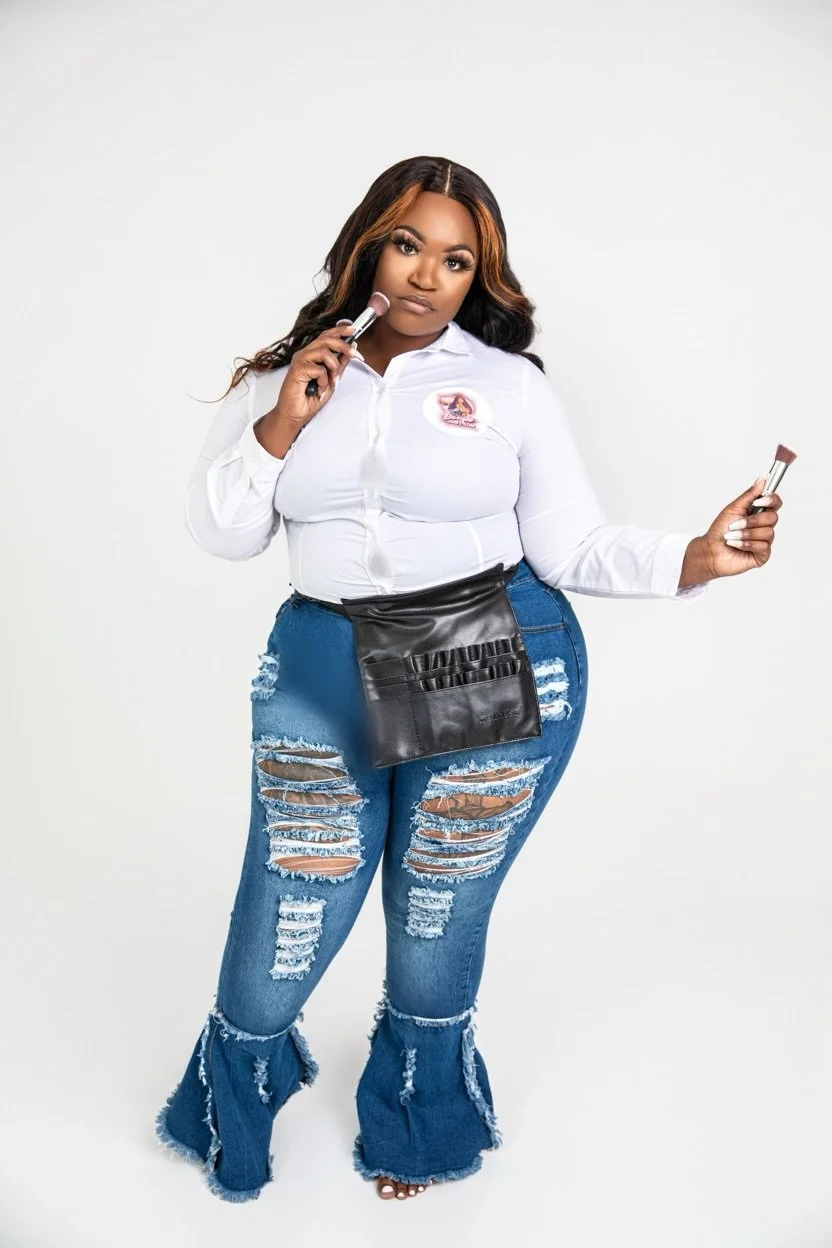 A woman with long dark hair and makeup holding a makeup brush and a blush brush, standing against a plain white background, wearing a white button-up shirt with a logo, distressed ripped jeans, and a black waist pouch.