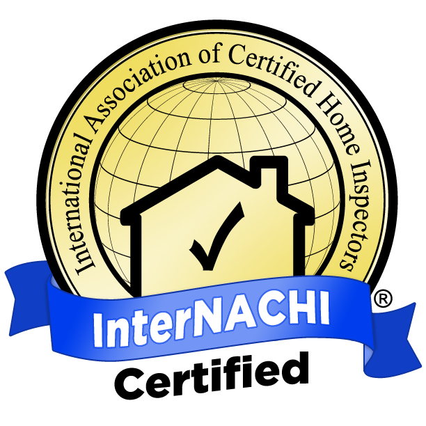 Certification badge for InterNACHI, the International Association of Certified Home Inspectors, featuring a gold circle with a house and checkmark logo, a blue ribbon with 'InterNACHI' written on it, and text indicating certification.
