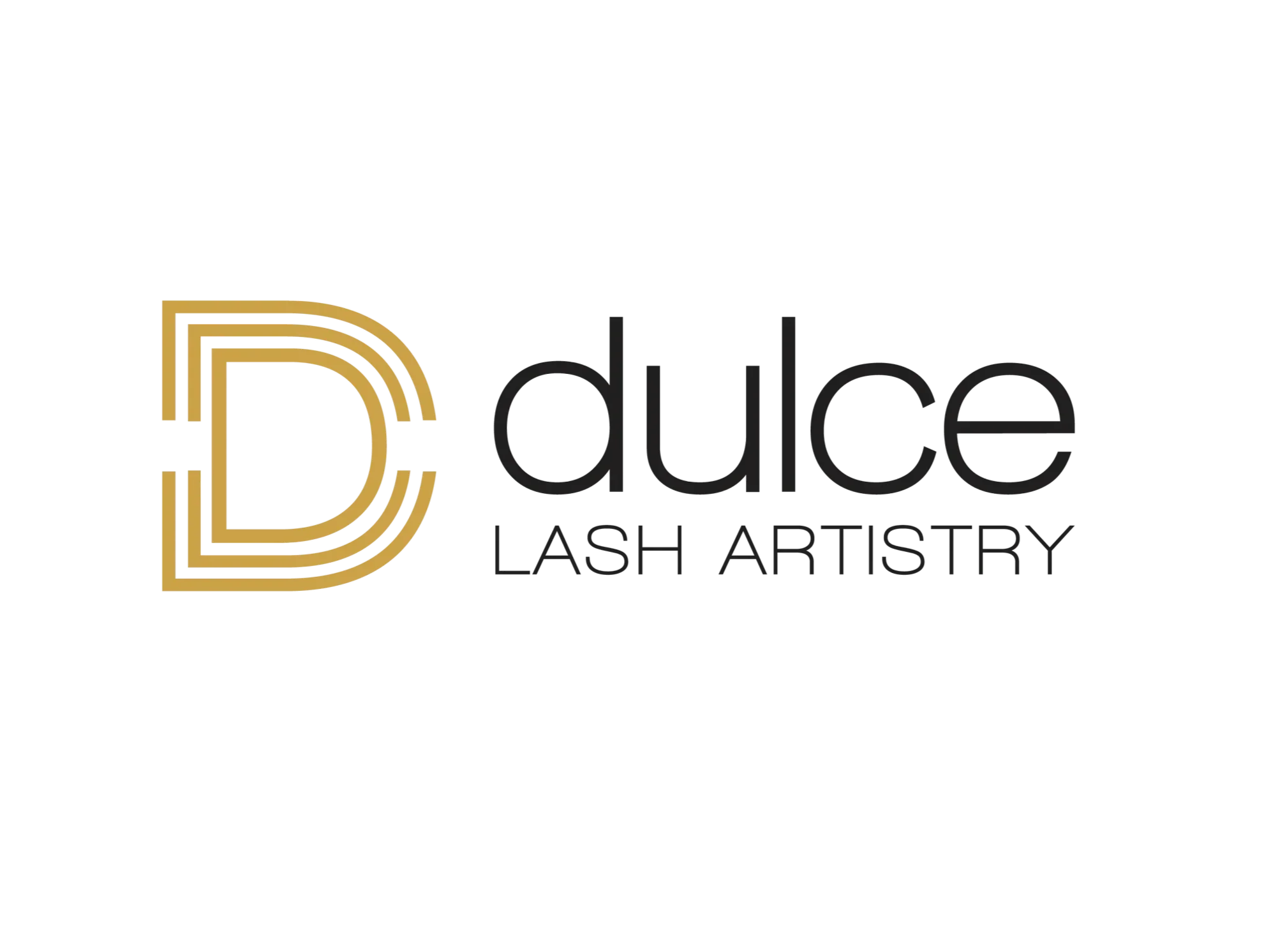 Logo for Dulce Lash Artistry, featuring a stylized gold letter D and the words 'dulce' and 'LASH ARTISTRY' in black.