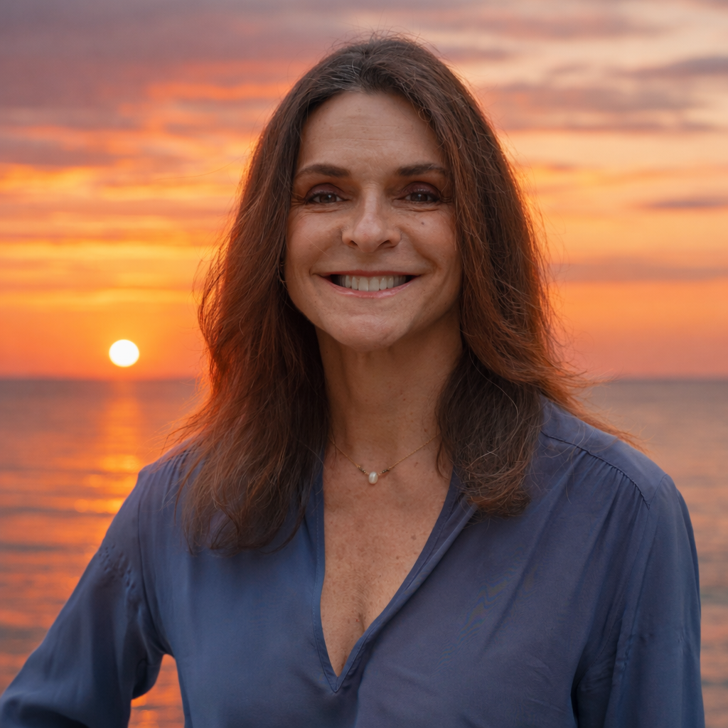 A woman smiling at sunset by the ocean, wearing a blue blouse and a pearl necklace.