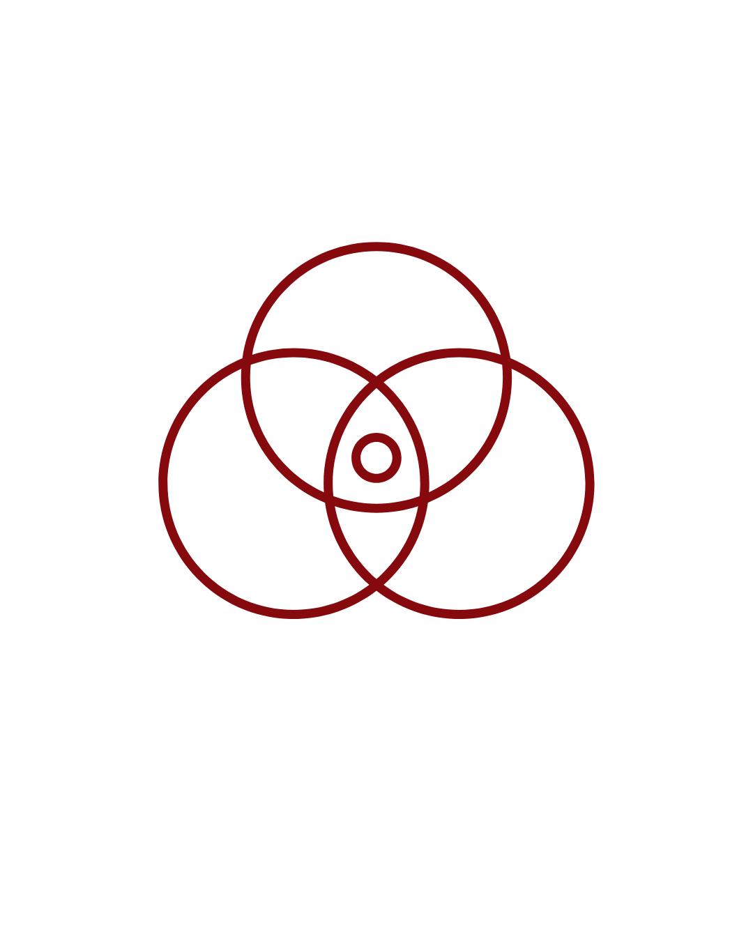 A minimalist graphic with a red circular background featuring a white Venn diagram of overlapping circles.
