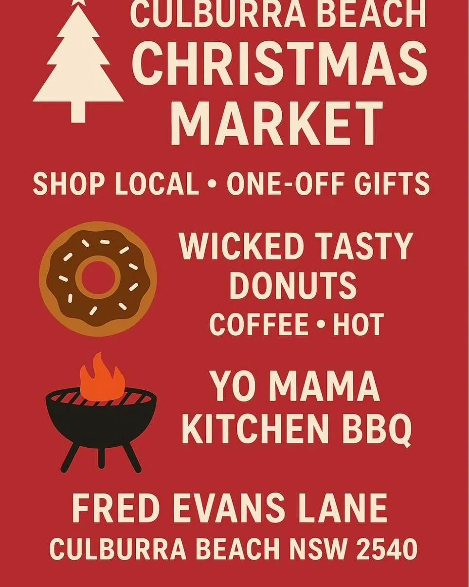Christmas shopping sorted! 🎁✨

SUNDAY 7th DECEMBER 8am-1pm 

https://www.shoalhavenlocalmarkets.com/

Culburra Beach Markets has local makers, unique gifts, coffee + donuts, and Yo Mama Kitchen BBQ.
Perfect festive vibes! 🎅🌊
📍 Fred Evans Lane, Cu