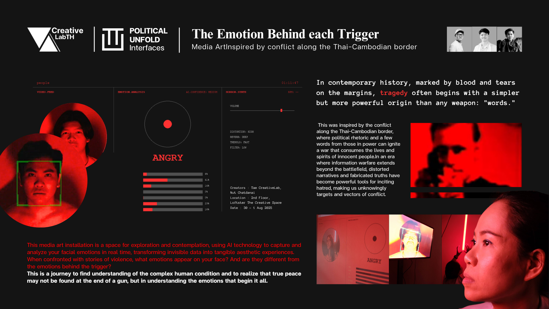 Digital art installation with red-tinted images of five people expressing anger, overlaid with graphical interface elements, text in Thai and English, and data representations, on a dark background.