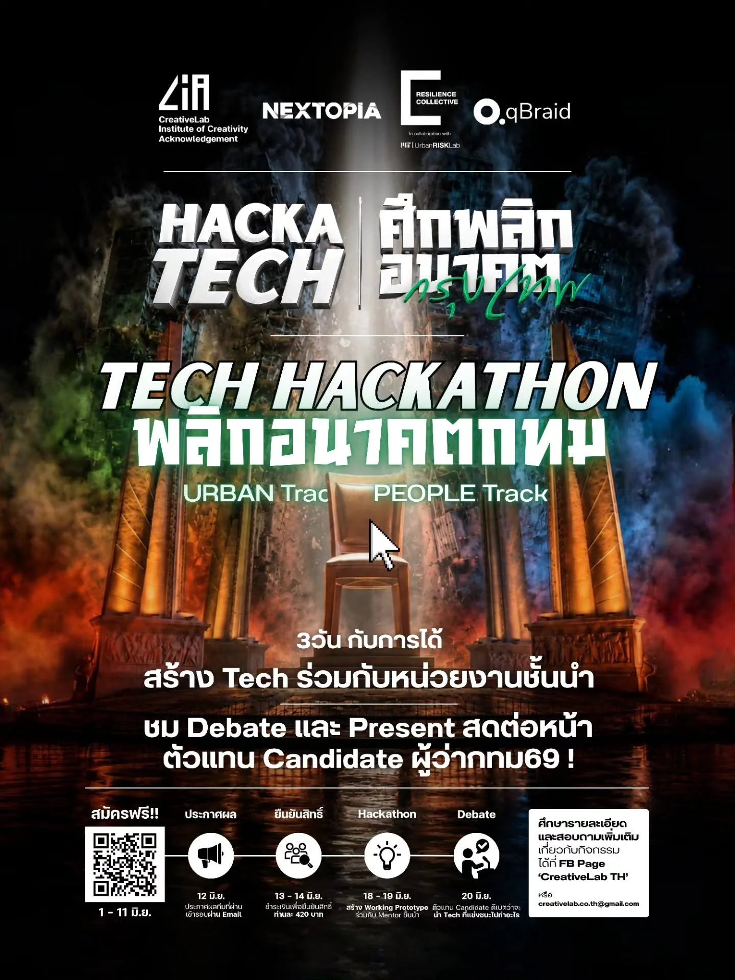 ครั้งแรกของไทย กับงาน Hackathon ที่เยาวชนจะได้ทำ Tech เพื่อพัฒนาเมืองหลวงของประเทศไทย และ Present ตรงกับ Policy makers รวมทั้ง ตัวแทน Candidate ผู้ว่ากทม69 🏛️⚡

ภายใต้ความร่วมมือของ
💡🛸 CIA CreativeLab, CreativeLabTH Group
🇺🇲🇹🇭 Resilience Colle
