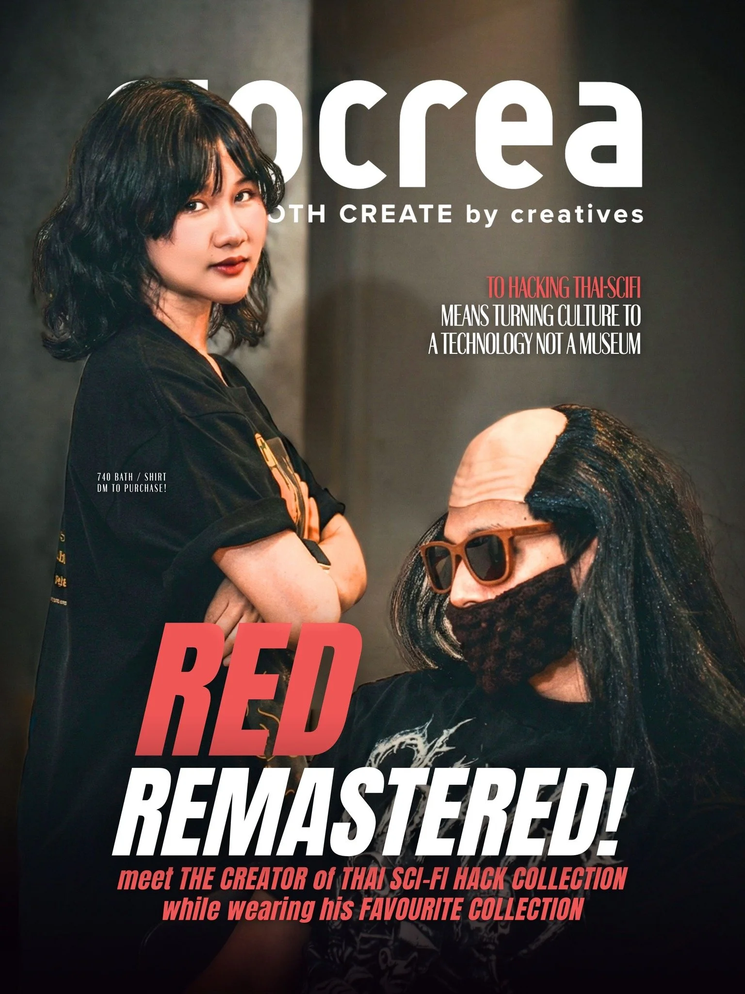 Magazine cover featuring a woman with shoulder-length black hair and a man with long black hair, wearing sunglasses and a black cloth mask. The title reads 'Red Remastered!' and includes headlines about Thai sci-fi culture and a creator of a Thai sci-fi hack collection.