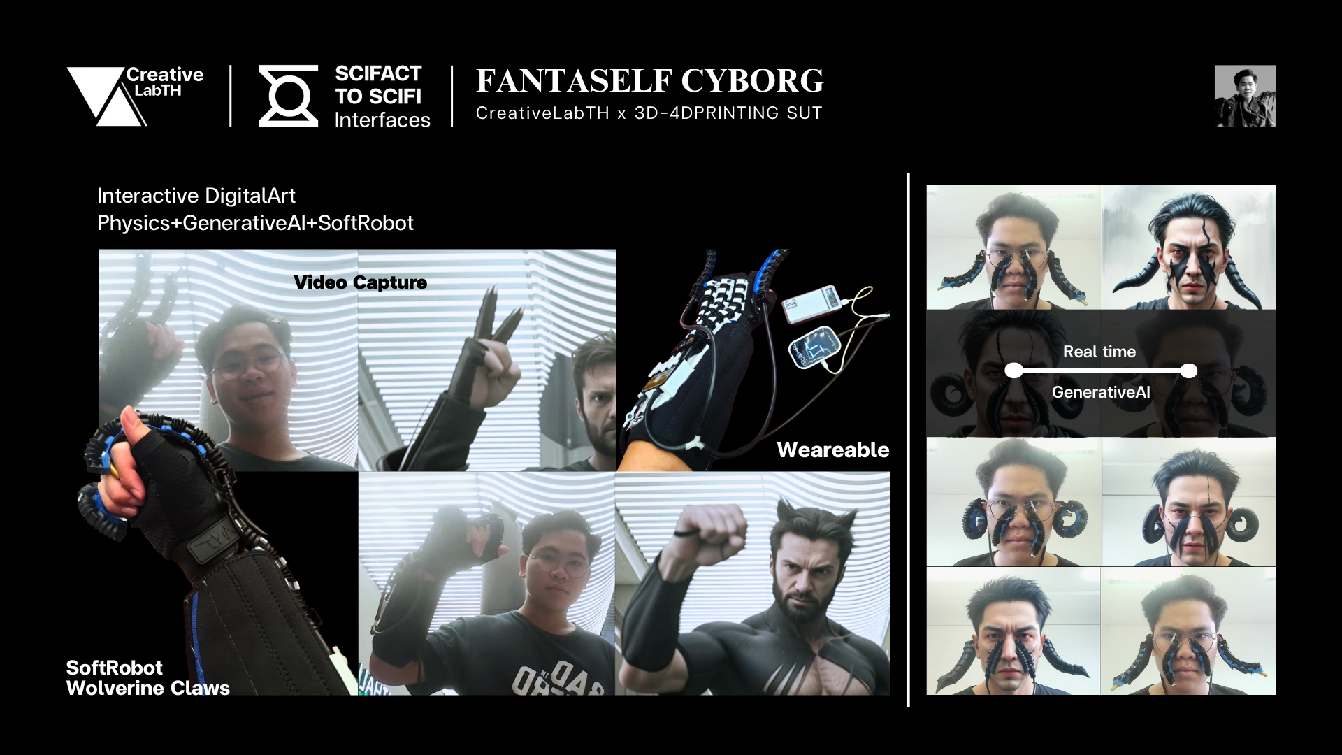 Presentation slide showcasing a creative project called Fantaself Cyborg, featuring a wearable 3D-printed suit with robot claws, used for interactive digital art combining physics, AI, and real-time video capture, with images of people wearing the suit's components and demonstrating a superhero pose.