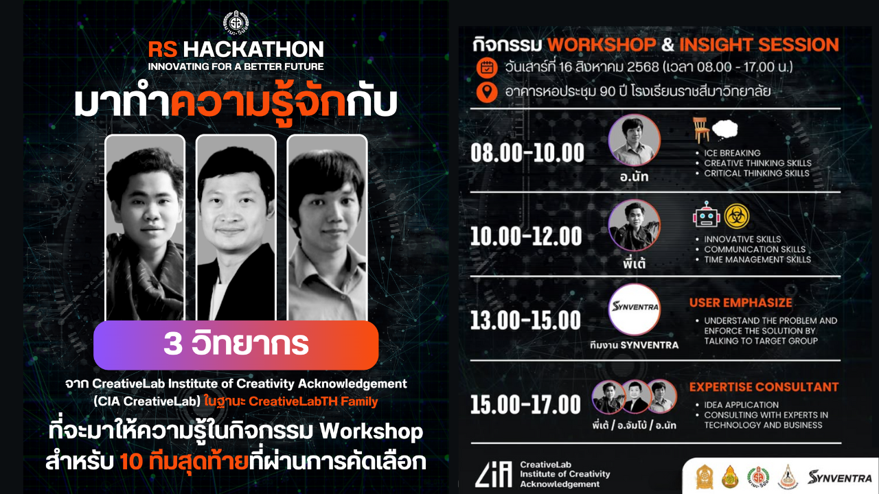 Flyer for RS Hackathon workshop and insight session. Features photos of three young men, event details such as date, time, location CIA CreativeLab