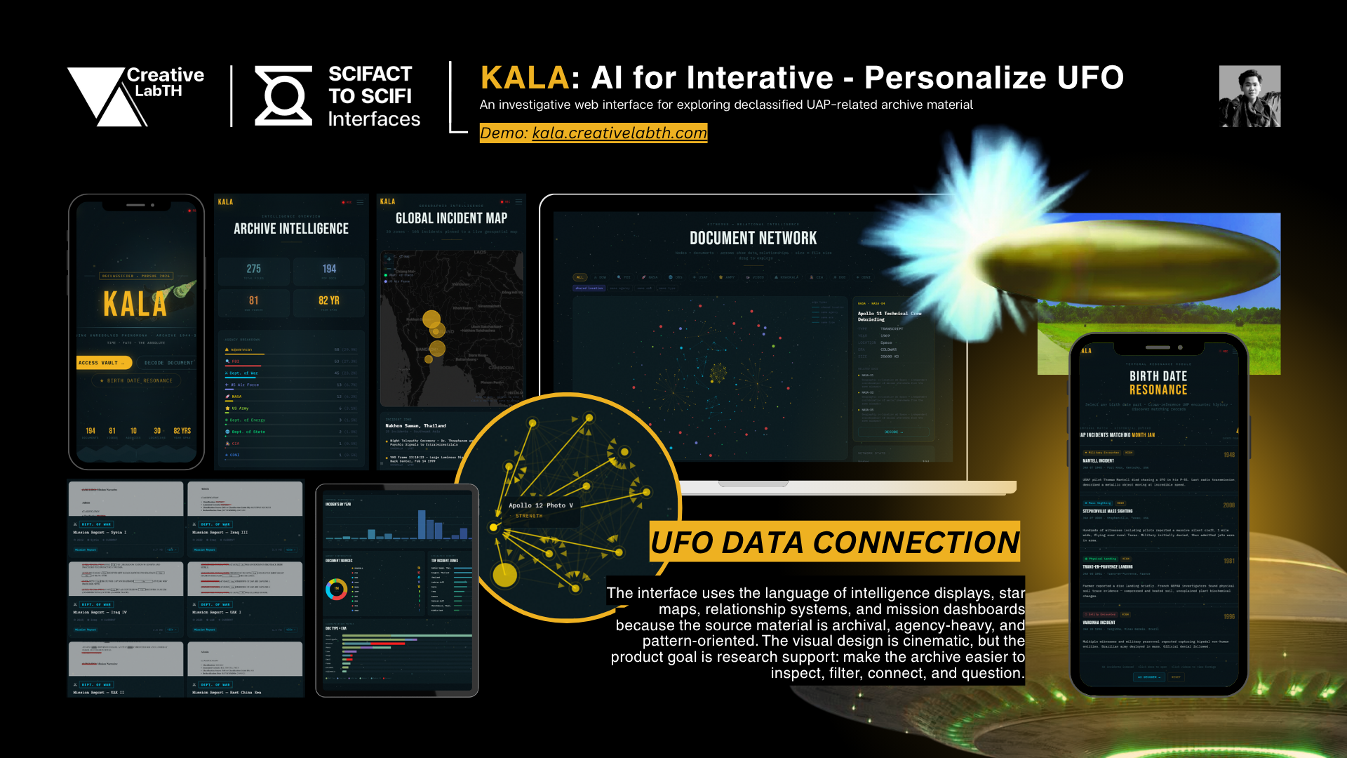 A digital promotional banner for KALA: AI for Interactive - Personalize UFO, showcasing various screens and graphs related to UFO data connection, intelligence displays, and incident maps with a futuristic theme and a UFO graphic. coeus technology