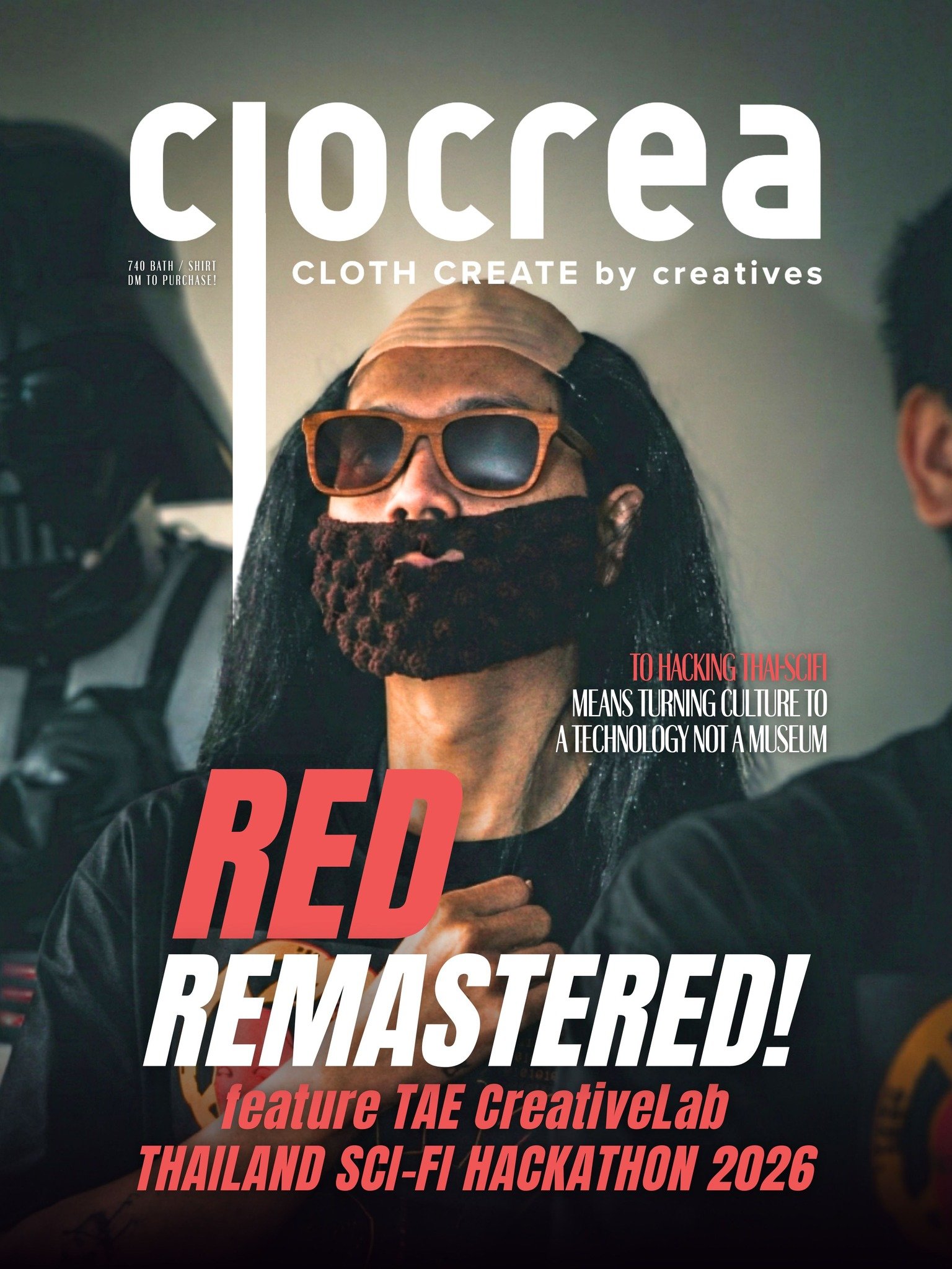 Magazine cover featuring a person with long dark hair, wearing sunglasses, a patterned beard cover, and a tan headband. The text promotes a Thai sci-fi theme and a Thailand sci-fi hackathon 2026.