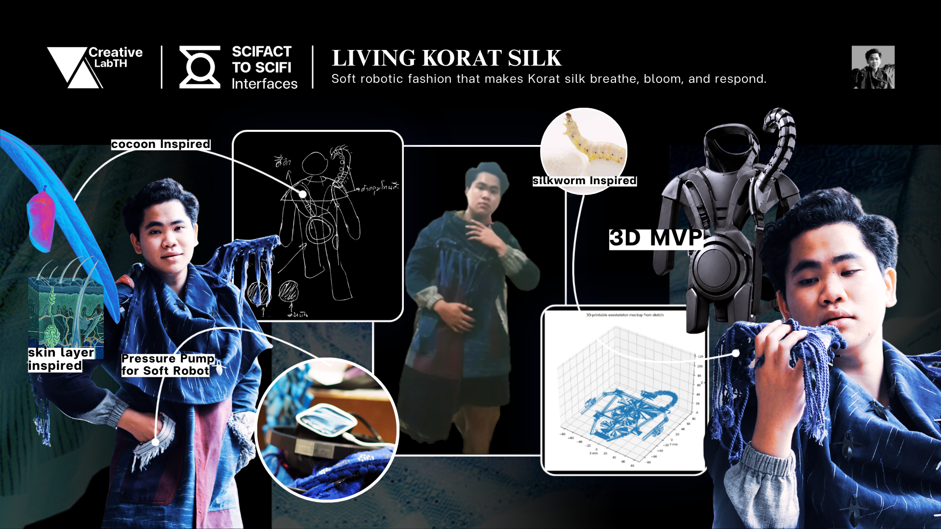 A collage of a young man with different elements related to robotics and fashion, including sketches, models, and inspired textures, emphasizing innovative wearable tech and sci-fi design.