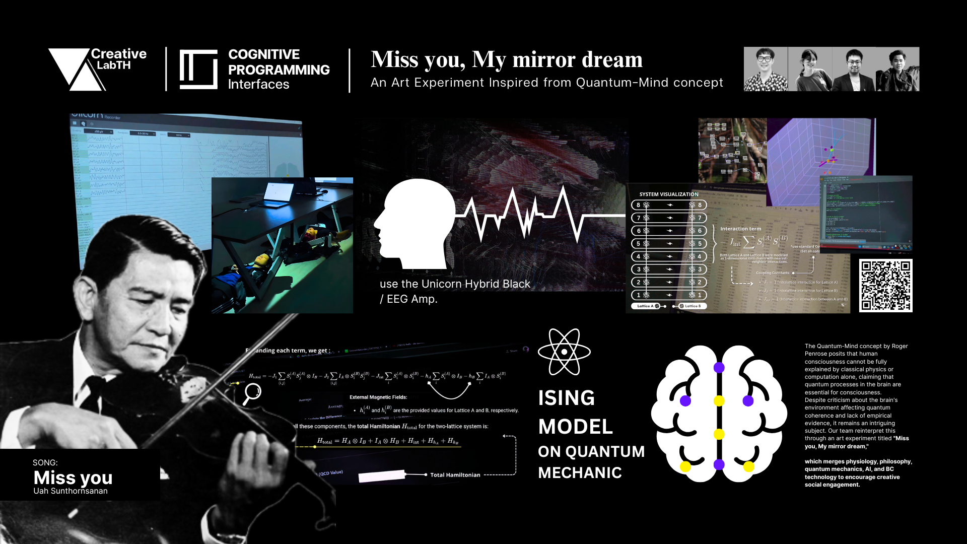 Collage of three images: top left shows scientific equations and a diagram with text about quantum simulation; bottom left displays a note that says "Miss you, my mirror dream" over a blurred face block; right shows two dolls lying under a desk, connected to wires, in a dimly lit room.