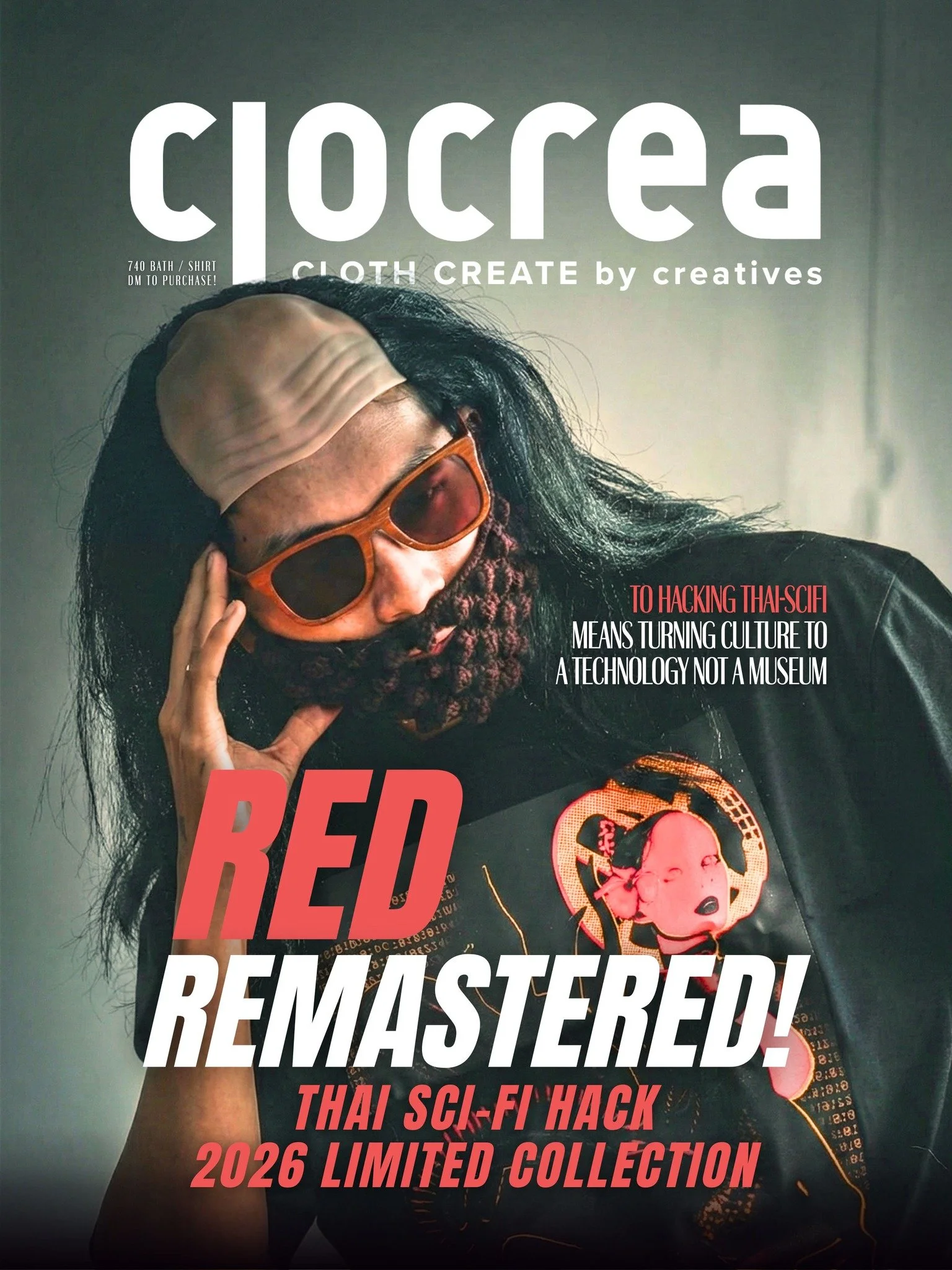 Cover of a magazine titled 'Cocrea' featuring a person with dark hair, wearing sunglasses, a patterned face covering, and a black shirt with a graphic design, posing with their hand on their face. The cover includes text about remastering a Thai sci-fi hack with a theme of technology and culture.