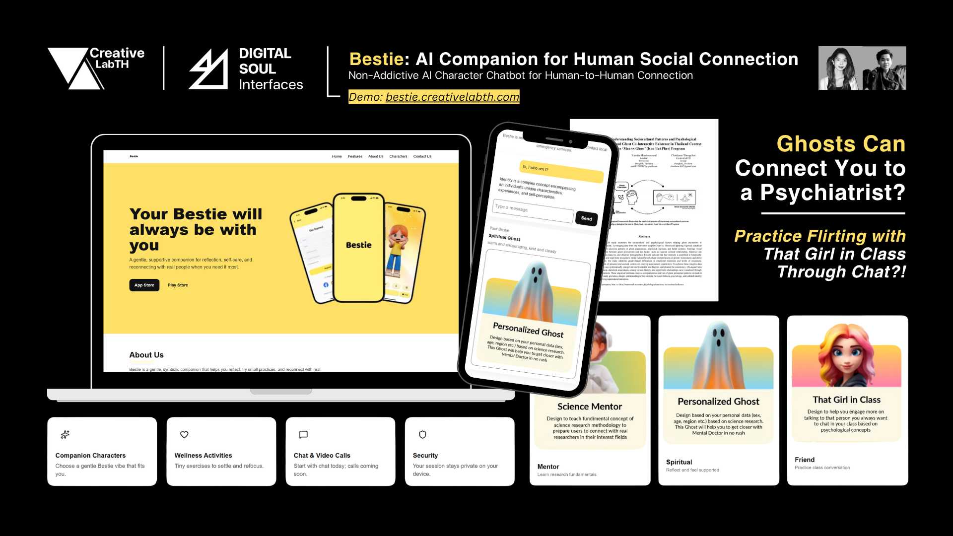 Promotional graphic for AI chatbot named Bestie, designed for human social connection, showing smartphone and website interface, with phrases about ghost connection to psychiatrists. coeus technology