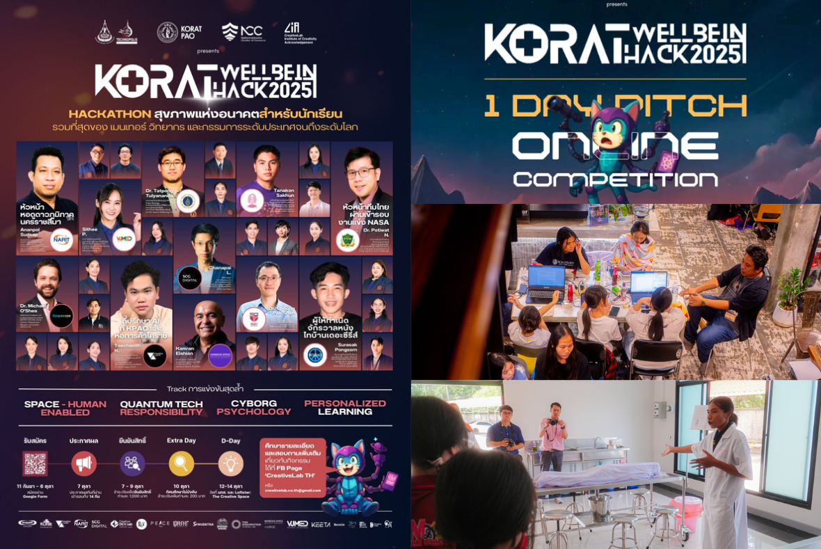 A digital poster and two photos related to the Korat Wellbeing Hack 2021 event. The poster features information and photos of speakers, sponsors, and details about the hackathon with themes such as space, human enabled, quantum tech responsibility, cyborg psychology, and personalized learning. The first photo shows children working on laptops with an adult mentor in a classroom setting. The second photo shows a person in a medical gown giving a presentation to a small group of students in a classroom or hospital room setting.