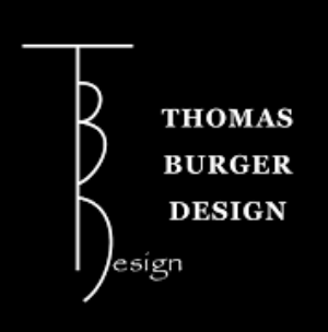 Logo for Thomas Burger Design with stylized initials T, B, and letter "Design" on a black background.