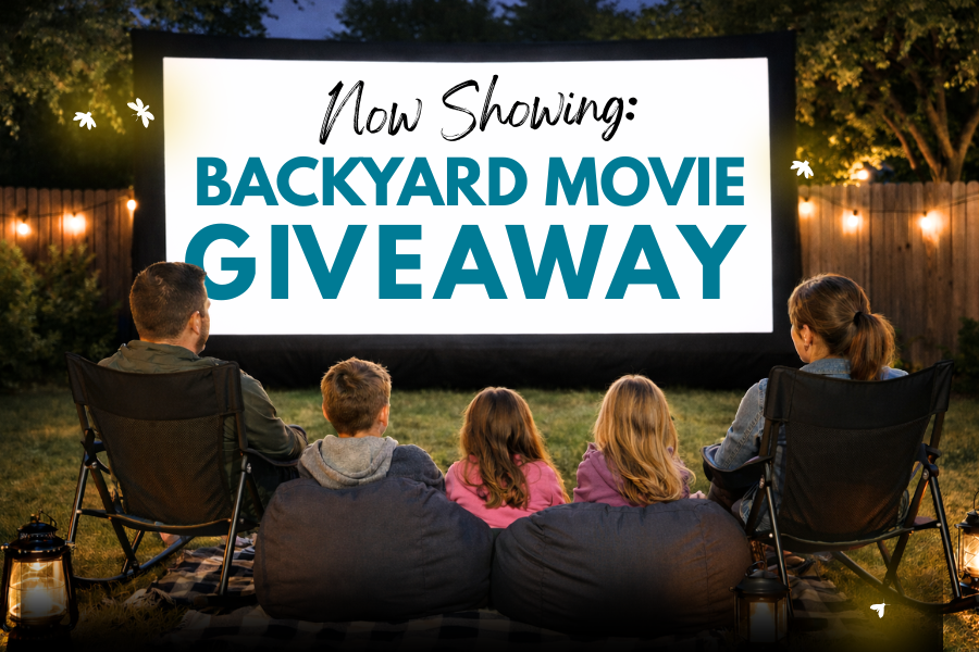 Family sitting outdoors watching a backyard movie night on a large screen with text “Backyard Movie Giveaway,” promoting a Dental Excellence community giveaway event