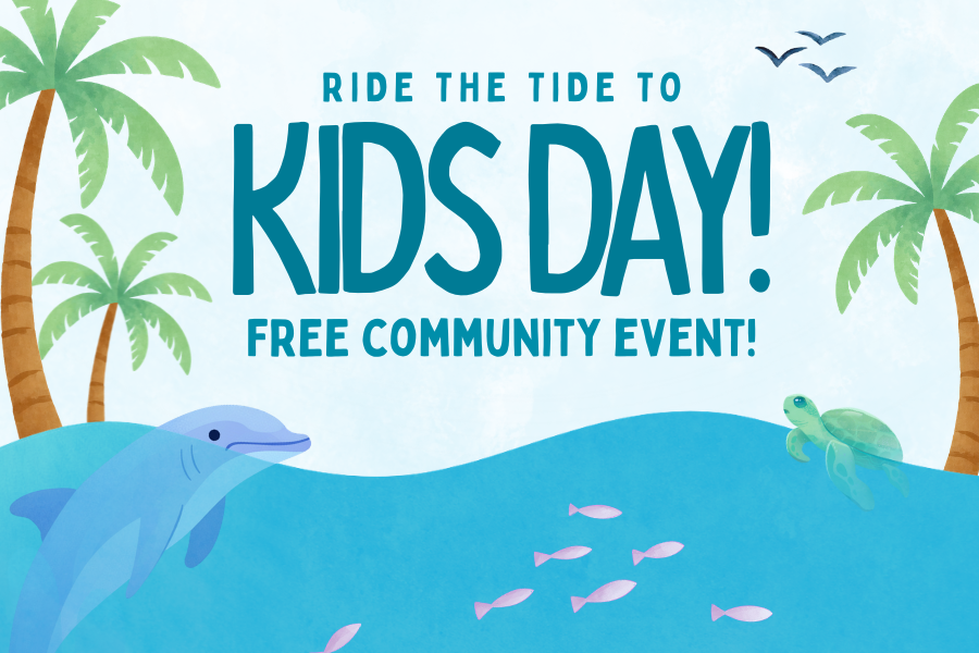 Kids Day free community event graphic with ocean theme, dolphin, and palm trees for Dental Excellence family event