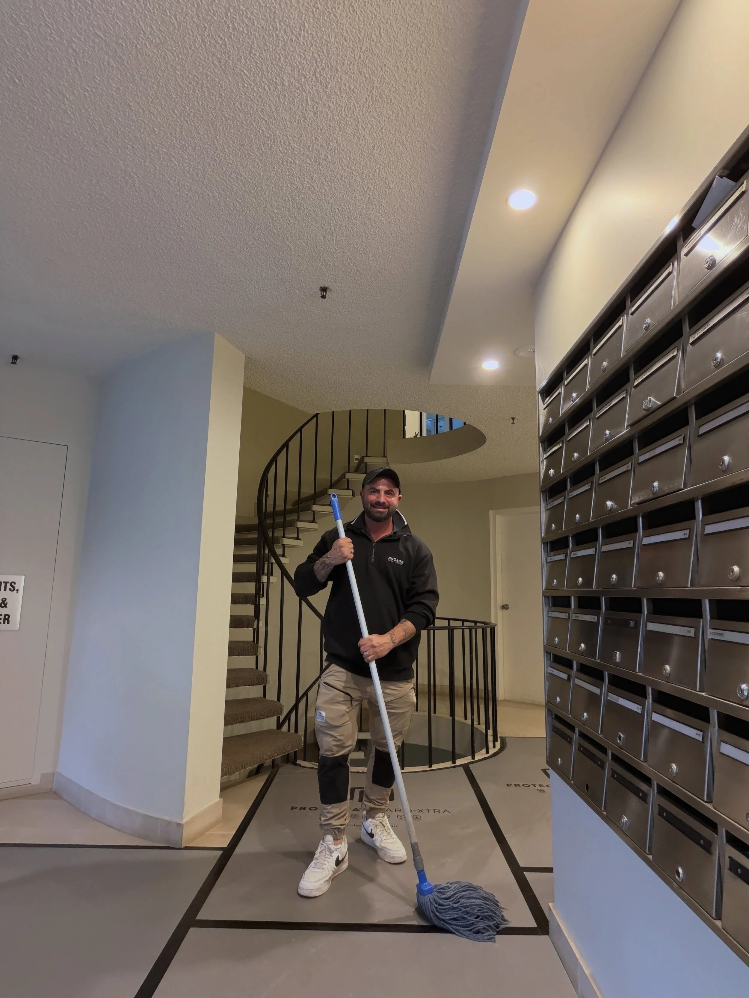 Nick with the most underrated tool on site. Ask any builder what separates a good tradie from a great one and plenty will say the same thing: cleaning up after themselves. A tidy lobby and building site is a sign of respect, for the building and ever