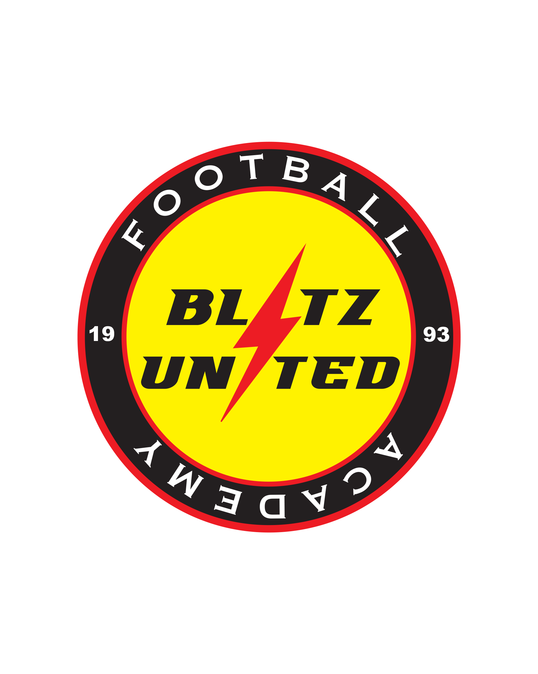 Logo for Blitz United, a football (soccer) team, featuring a yellow circle with a red lightning bolt and bold black text, surrounded by a black and red border with white text