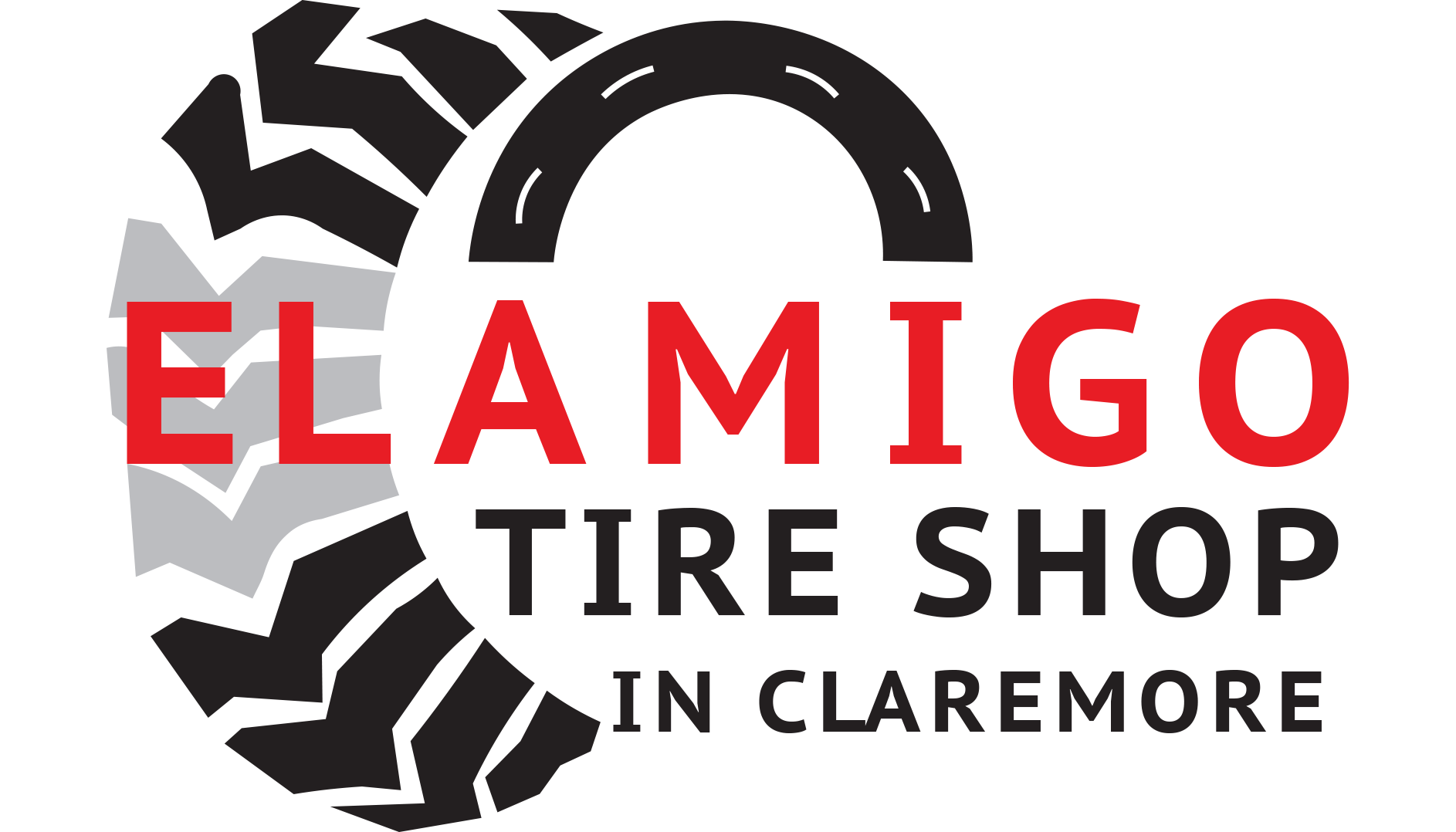 Logo for E. L. Amigo Tire Shop in Claremont, featuring a tire tread graphic and a tire pressure gauge.