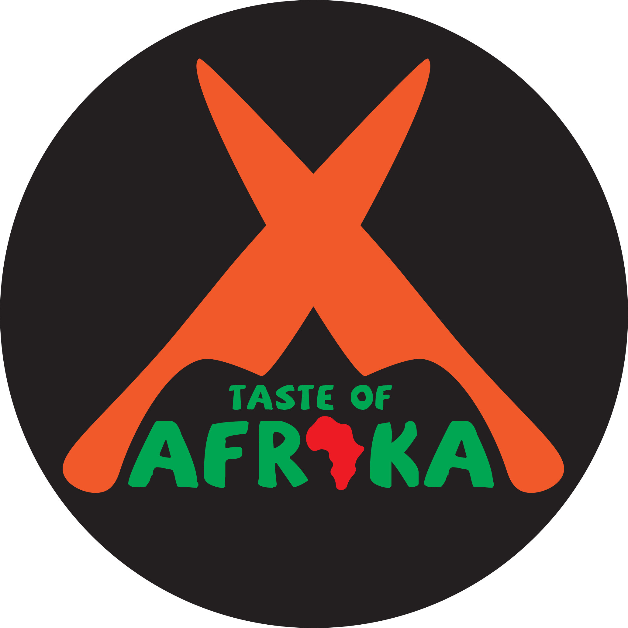 A black circular logo with an orange ankh symbol and the words 'Taste of Afrika' in green, with the 'R' stylized as the red map of Africa.