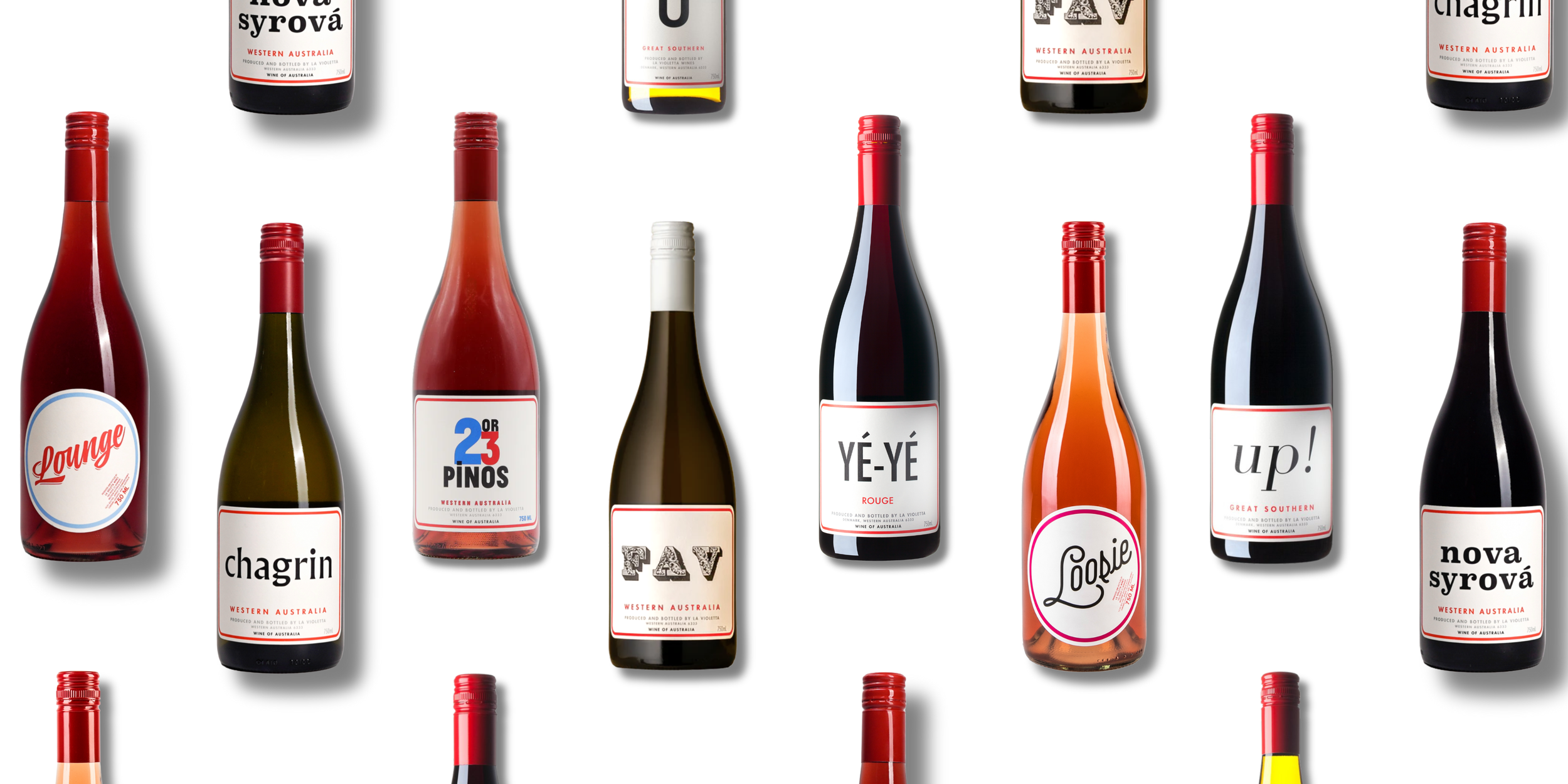 Assorted wine bottles with labels and red wine in various bottles displayed against a white background.