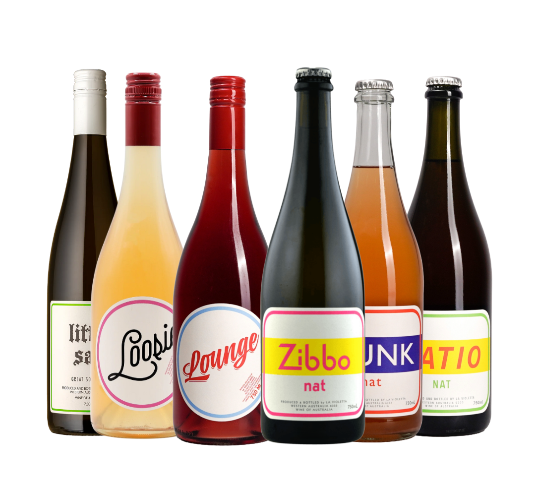 Six bottles of flavored drinks with eclectic labels in a row, featuring various colors including black, yellow, red, and brown.