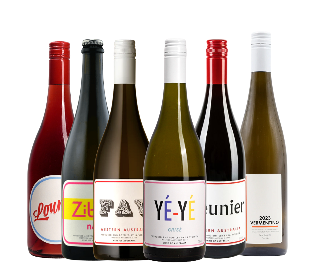 Six bottles of wine with various labels and colors, arranged in a row, on a white background.
