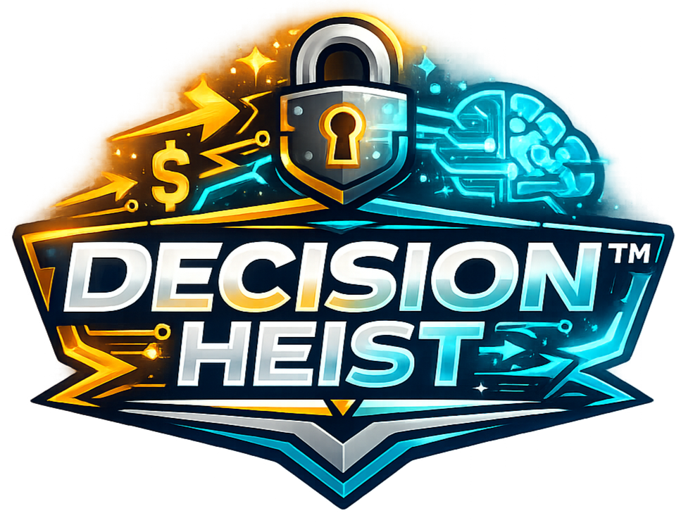 Logo for Decision Heist featuring a locked padlock at the top, with lightning bolts and circuit patterns around it, and the words 'Decision Heist' in bold, metallic letters with a high-tech, digital theme.