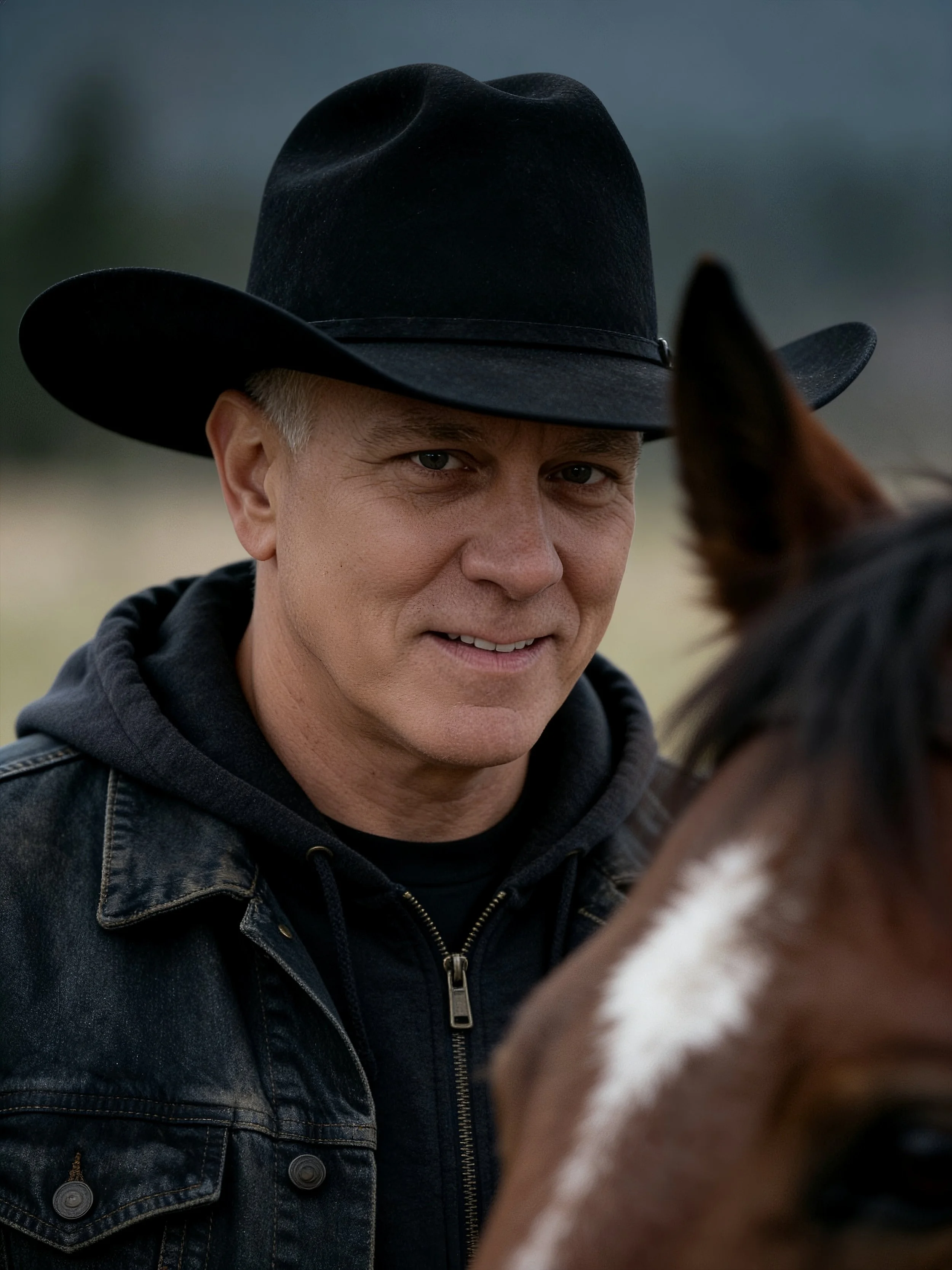 A man wearing a black cowboy hat and a dark denim jacket, smiling at a horse, with a blurred outdoor background.