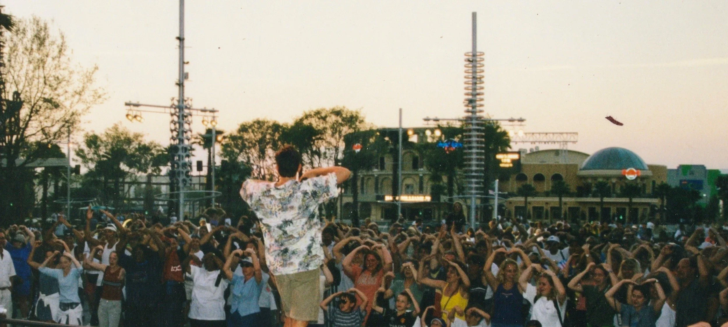 Large crowd gathered outdoors at an event with a performer standing on stage, seen from behind, and a backdrop of amusement park rides and buildings under early evening sky.