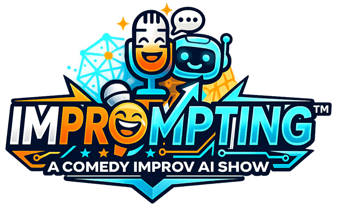 Colorful logo for 'Imprompting: A Comedy Improv AI Show' featuring a smiling microphone, robot, and laughing face with stars and digital circuit motifs.