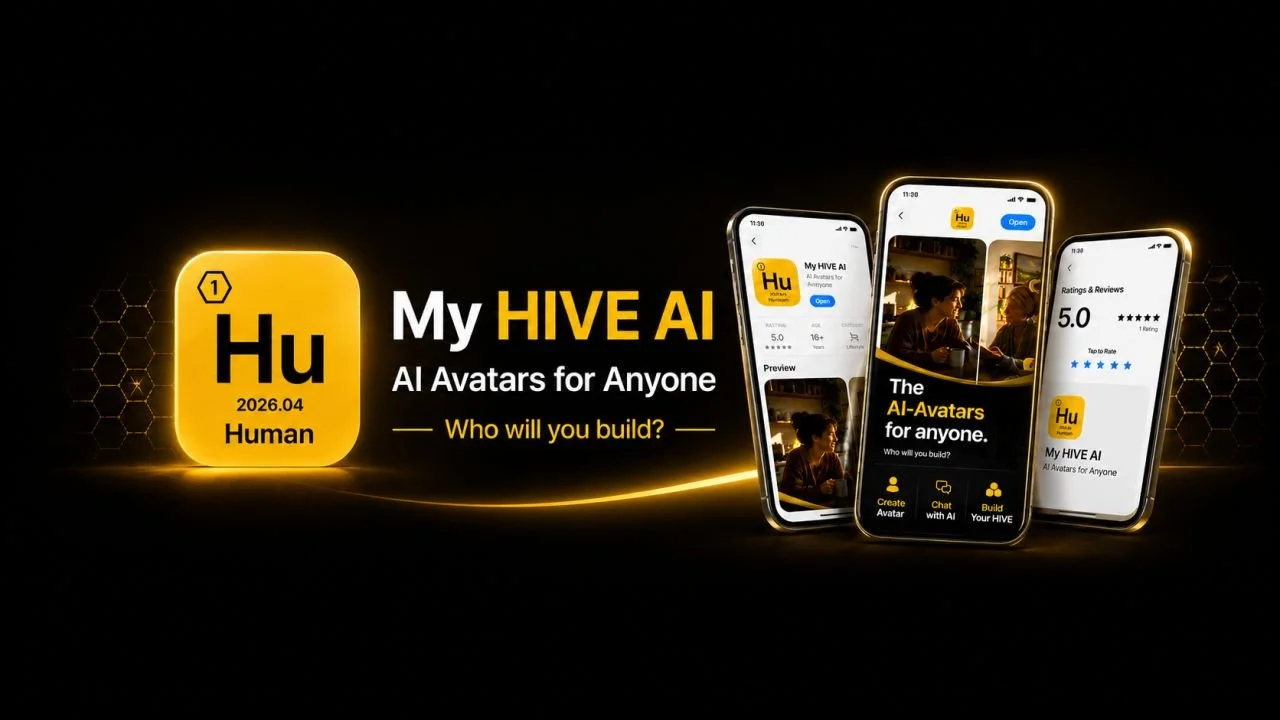Promotional graphic for My HIVE AI app, featuring three smartphones displaying the app interface with an image of a woman working at a table, and app features like creating, chatting, and building AI avatars. The background is black with yellow highlights and the app icon showing a yellow square with black text and a small icon of a hexagon.