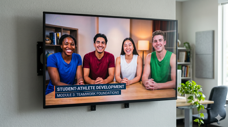Athletes watching video lesson modules on a screen