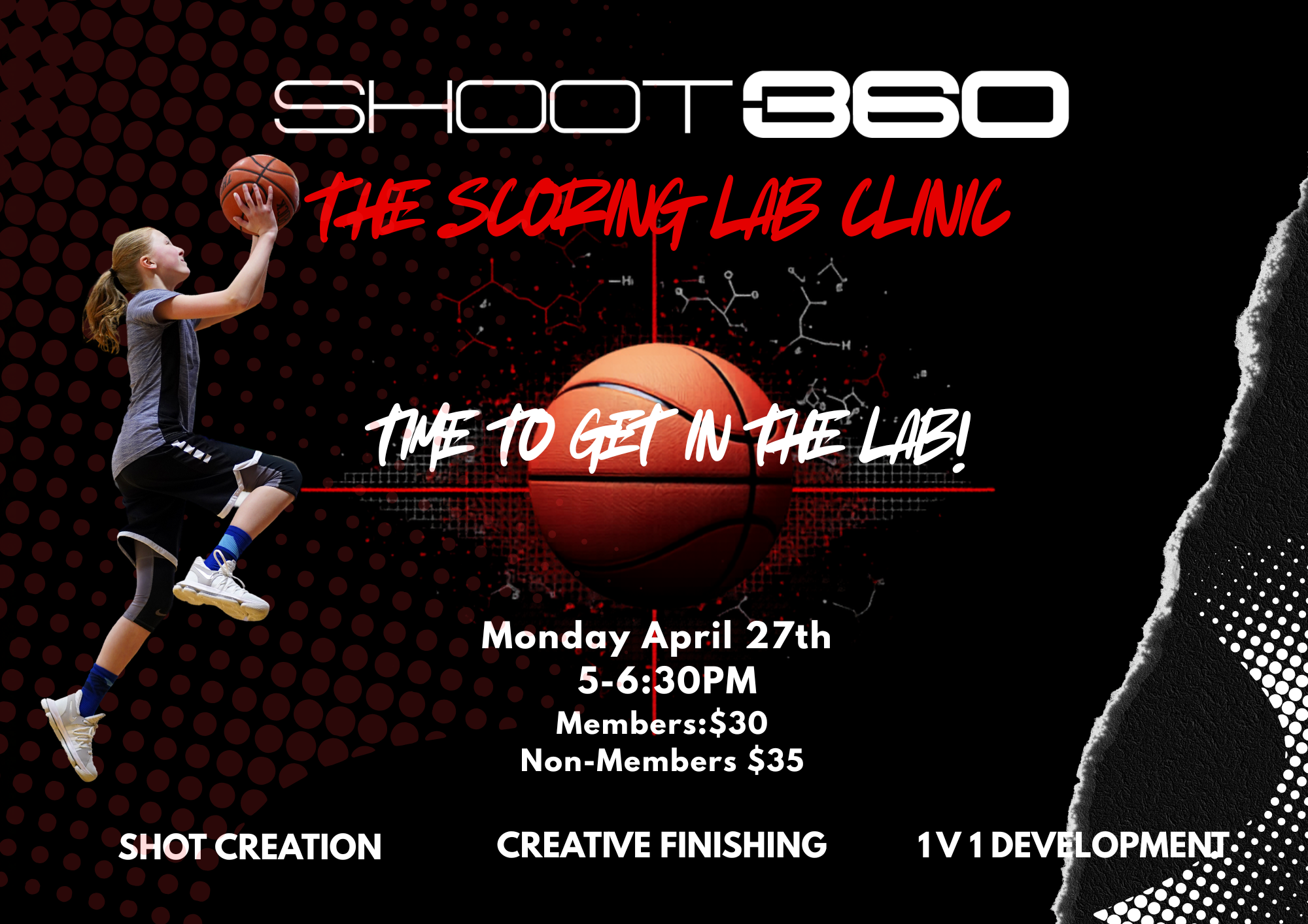 A promotional poster for a shooting lab clinic called 'Shoot360,' featuring a young girl in a basketball uniform shooting a basketball, with details about the event including date, time, price, and activities such as shot creation, creative finishing, and 1v1 development.
