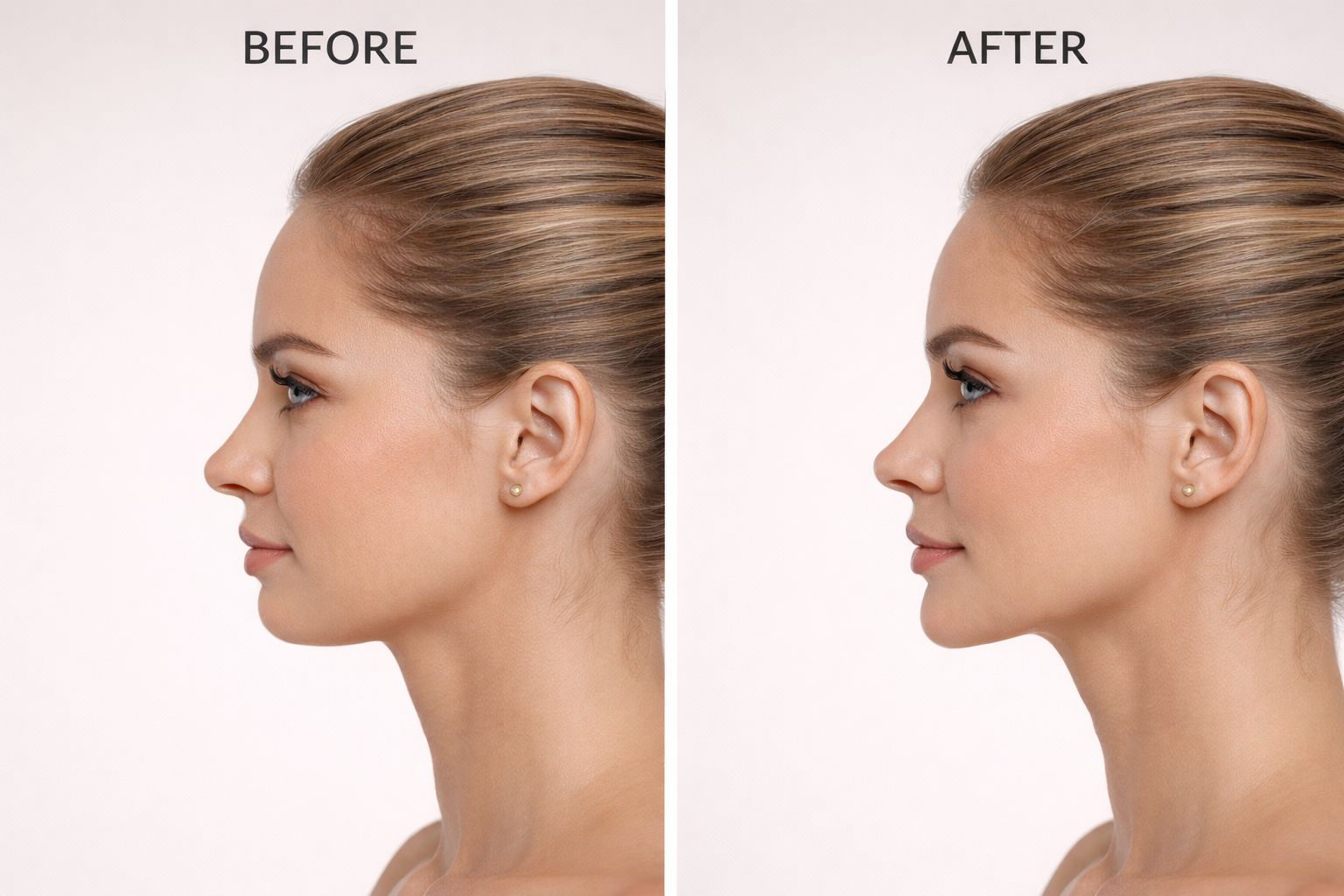 Before and after dermal filler treatment for chin enhancement showing improved chin projection at OpalGlow Medspa in Woodbridge, NJ.