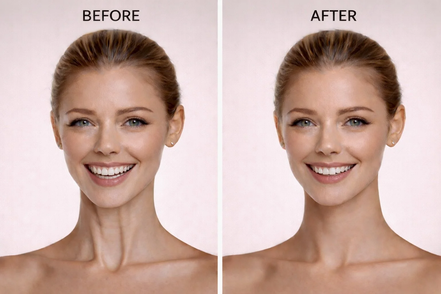 Before and after Botox treatment for gummy smile showing reduced gum visibility when smiling at OpalGlow Medspa in Woodbridge, NJ.
