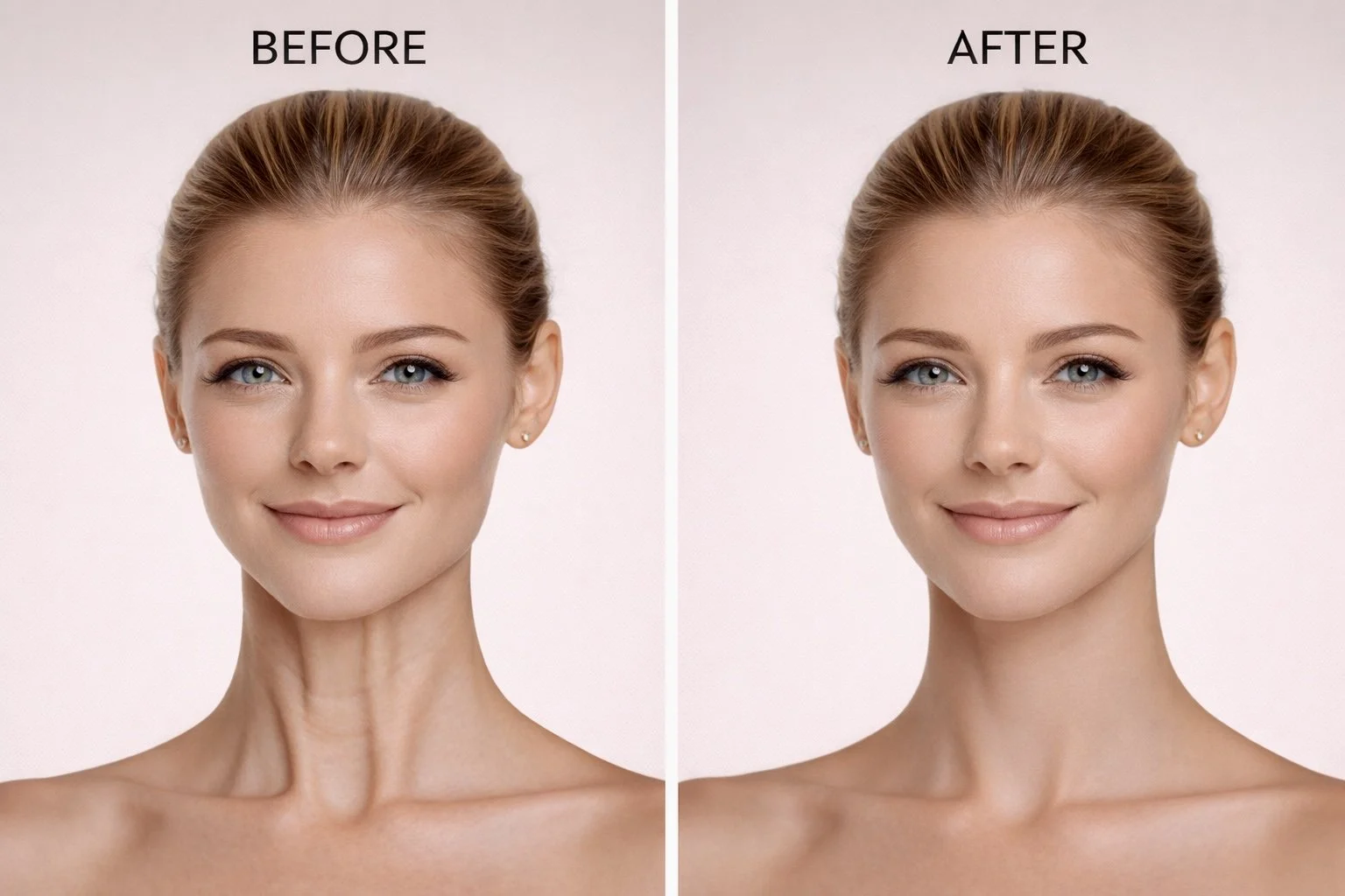 Before and after Botox treatment for platysmal bands in the neck showing a smoother neck appearance at OpalGlow Medspa in Woodbridge, NJ.