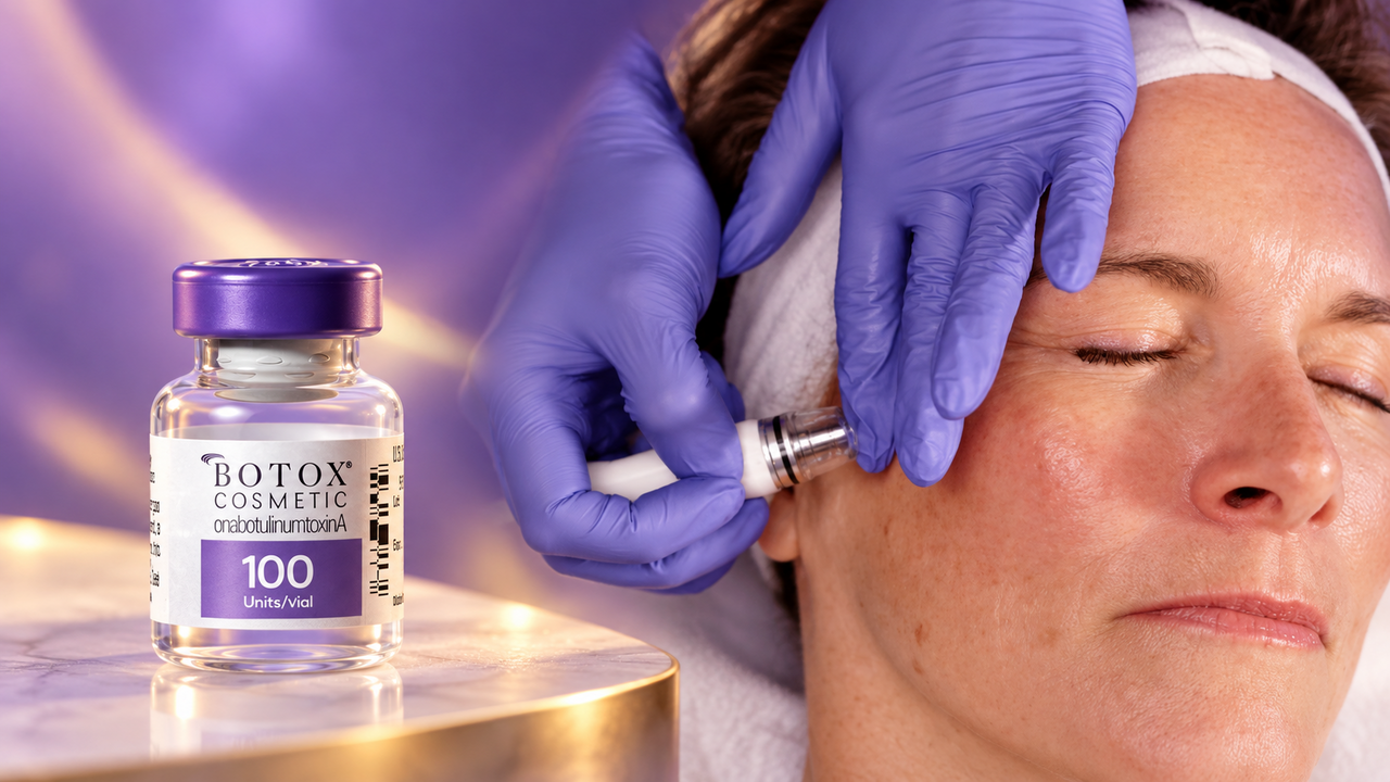 BOTOX Cosmetic vial beside a woman receiving a DiamondGlow facial