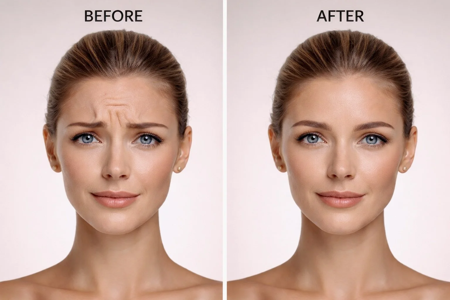 Before and after Botox treatment for glabella lines (11 lines) showing reduced appearance of frown lines at OpalGlow Medspa in Woodbridge, NJ.