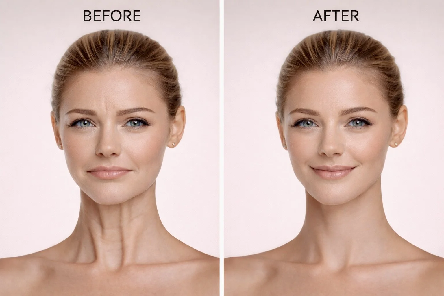 Before and after Botox treatment for downturned corners of the mouth (DAO) showing a more relaxed mouth appearance at OpalGlow Medspa in Woodbridge, NJ.