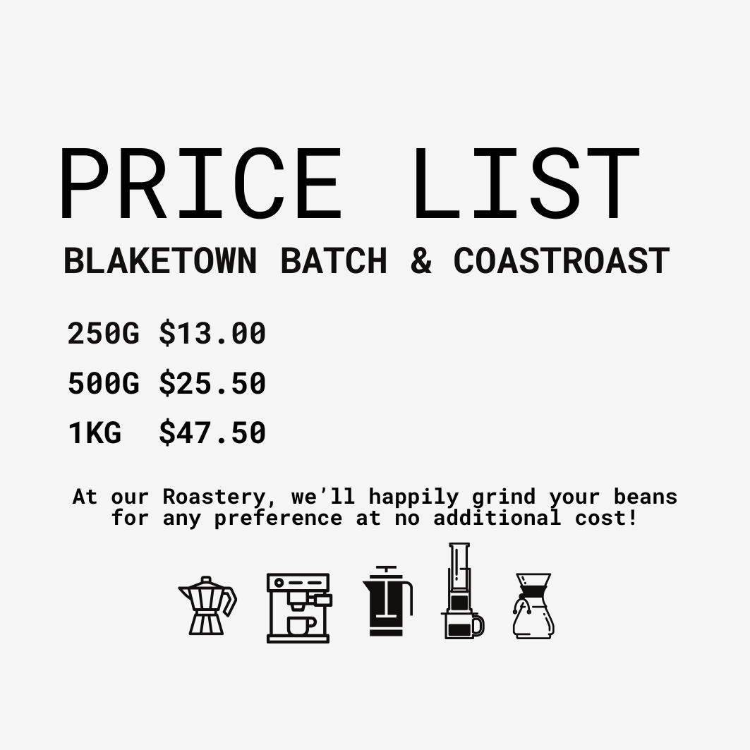 WEST Roastery, Located in Greymouth. Price List